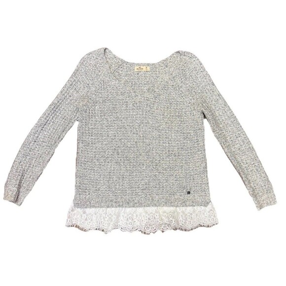 Hollister Lace Hem Chunky Knit Sweater Gray & Cream Lace Accented 2010s Medium - Picture 2 of 6